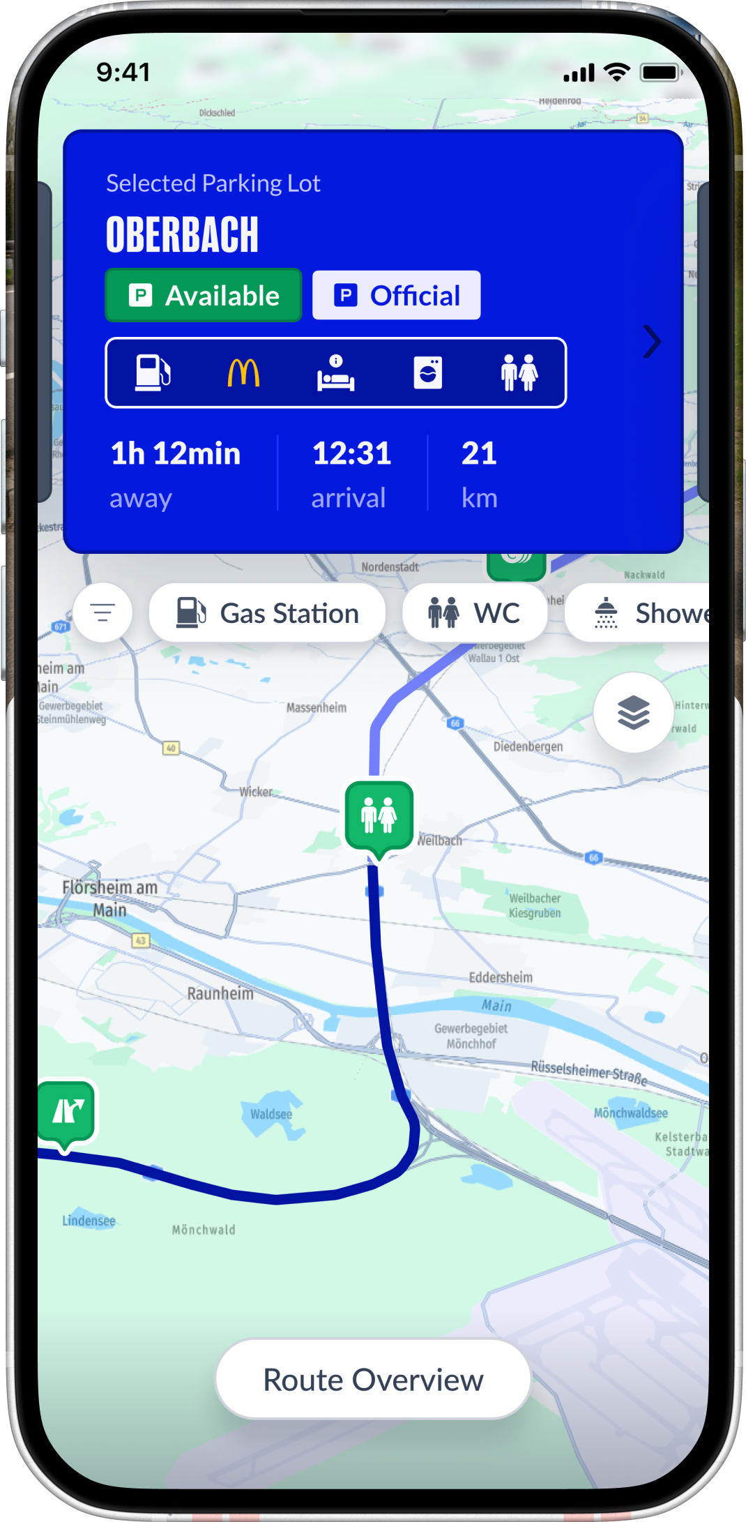 Screenshot von LKW.APP mit Happy-Trucker-Parkplatz in der Nähe