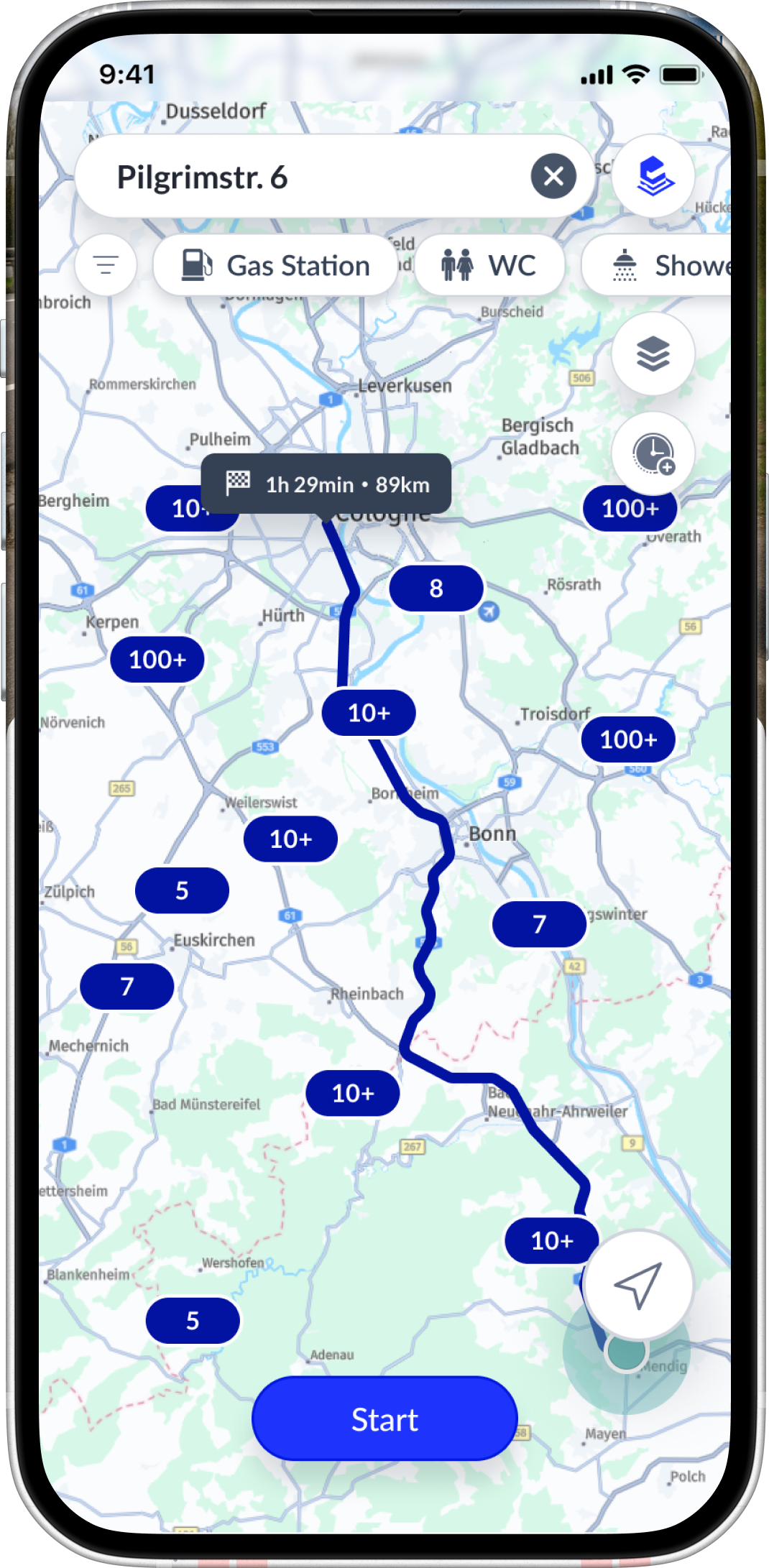 Screenshot von LKW.APP mmit Happy-Trucker-Parkplatzsuche entlang Route